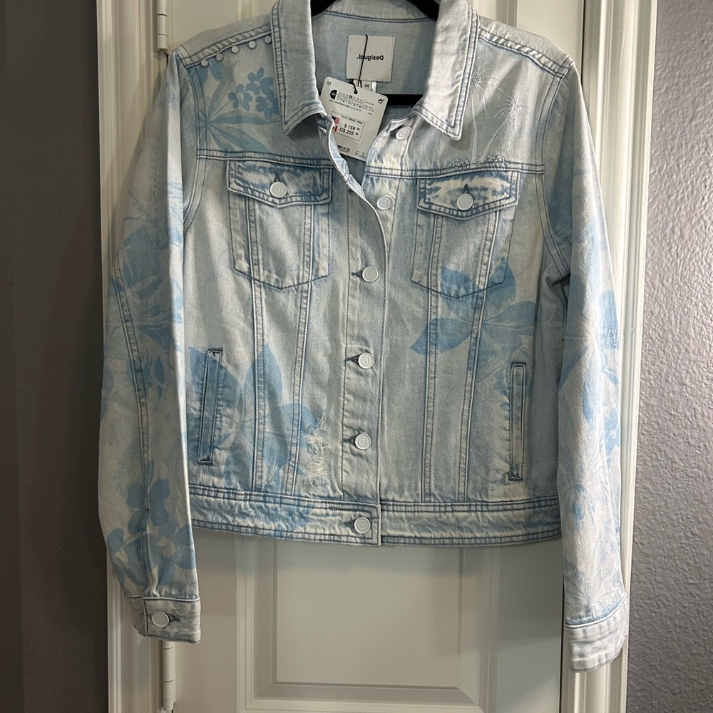 DESIGUAL NWT $159 Whaii Demin Distressed Tropical Print Jacket US Size 2 - Picture 10 of 15